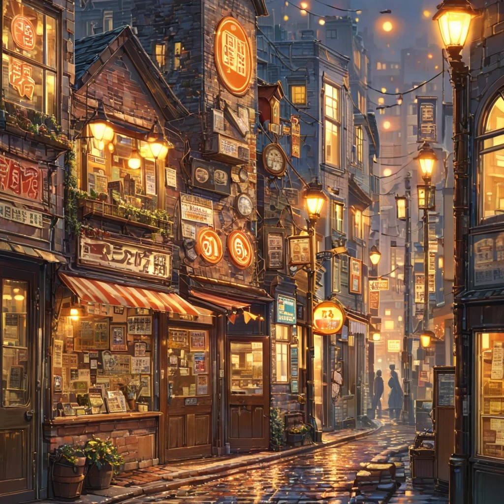 ((anime:1.4,illustration)),(masterpiece, top quality, best quality),(ultra-detailed, absolutely resolution),((16k, high res)), (((retro street scene, depict a nostalgic cityscape from the 1950s, featuring cobblestone streets and vintage buildings, the architecture include brick and stone facades, with charming storefronts displaying period-specific signage and window displays, elements like old-fashioned lampposts, ))), ((anime:1.4, illustration)),(masterpiece, top quality, best quality),(ultra-detailed, absolutely resolution),((16k, high res)) BREAK {lofi art, style of Laurie Greasley, style of Makoto Shinkai, anime aesthetic}, BREAK { (produces images with information than 40 million pixels with cinematic-like detailed textures shot on a Sony SLR).}