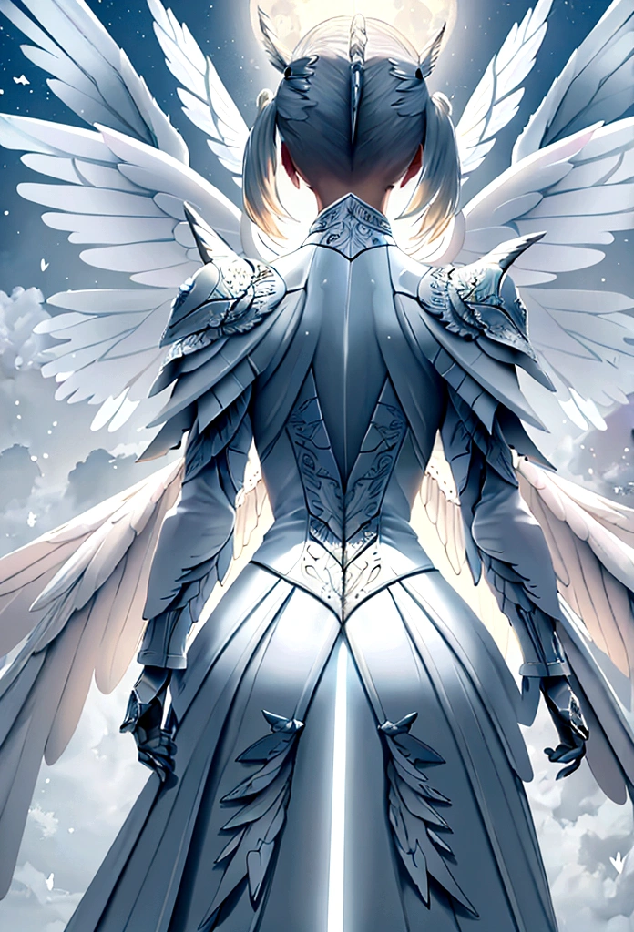 (a back view model shot taken from the back: 1.5), female angel (Masterpiece, intense details: 1.3), paladin, holy warrior, short blond hair, determined face, full body, armed with sword, holy symbol, (wearing white armor: 1.3), ((fully dressed: 1.5)), (wings sprouting from the back: 1.3) spread large feathered wings, majestic wings, white angelic wings, moon light, moon, stars, clouds, cemetery background, anatomically correct (Masterpiece, intense details: 1.3), god rays, cinematic lighting, glowing light, photorealism, panoramic view, Wide-Angle, Ultra-Wide Angle, 16k, highres, best quality, high details, ultra detailed, masterpiece, best quality, (extremely detailed), arafed, dnd art, armored dress