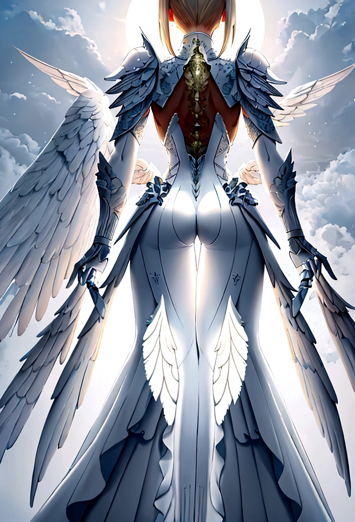 (a back view model shot taken from the back: 1.5), female angel (Masterpiece, intense details: 1.3), paladin, holy warrior, short blond hair, determined face, full body, armed with sword, holy symbol, (wearing white armor: 1.3), ((fully dressed: 1.5)), (wings sprouting from the back: 1.3) spread large feathered wings, majestic wings, white angelic wings, moon light, moon, stars, clouds, cemetery background, anatomically correct (Masterpiece, intense details: 1.3), god rays, cinematic lighting, glowing light, photorealism, panoramic view, Wide-Angle, Ultra-Wide Angle, 16k, highres, best quality, high details, ultra detailed, masterpiece, best quality, (extremely detailed), arafed, dnd art, armored dress