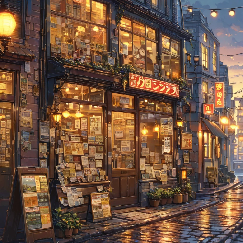 ((anime:1.4,illustration)),(masterpiece, top quality, best quality),(ultra-detailed, absolutely resolution),((16k, high res)), (((retro street scene, depict a nostalgic cityscape from the 1950s, featuring cobblestone streets and vintage buildings, the architecture include brick and stone facades, with charming storefronts displaying period-specific signage and window displays, elements like old-fashioned lampposts, ))), ((anime:1.4, illustration)),(masterpiece, top quality, best quality),(ultra-detailed, absolutely resolution),((16k, high res)) BREAK {lofi art, style of Laurie Greasley, style of Makoto Shinkai, anime aesthetic}, BREAK { (produces images with information than 40 million pixels with cinematic-like detailed textures shot on a Sony SLR).}