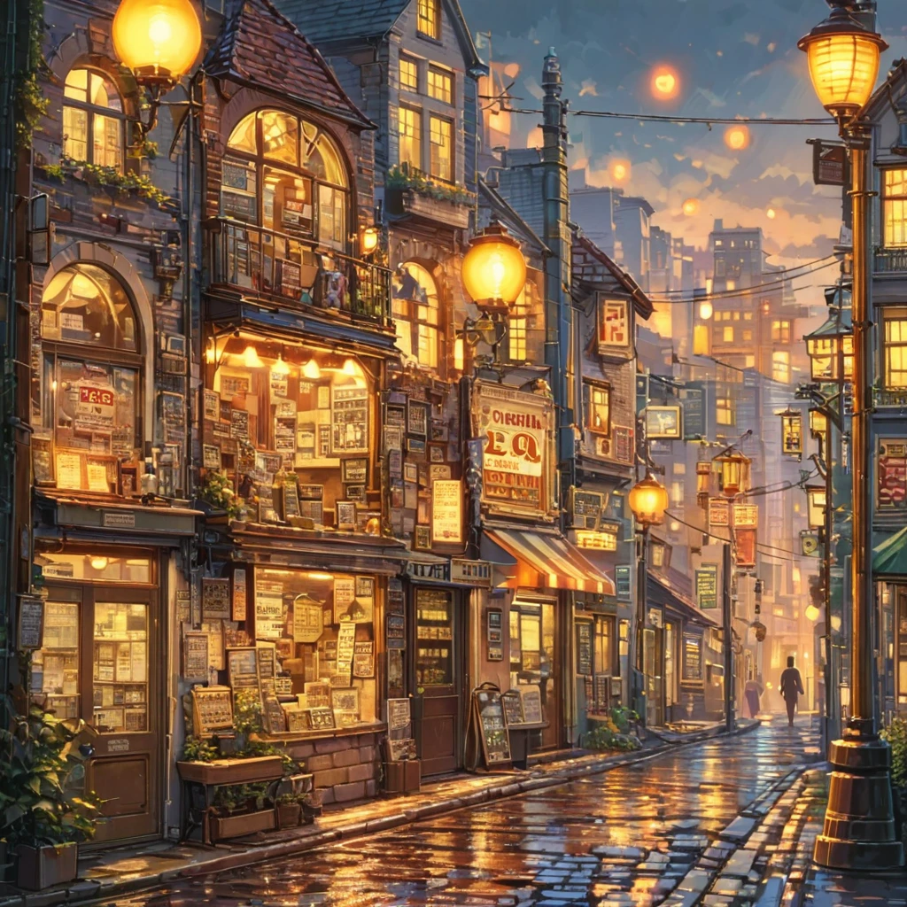((anime:1.4,illustration)),(masterpiece, top quality, best quality),(ultra-detailed, absolutely resolution),((16k, high res)), (((retro street scene, depict a nostalgic cityscape from the 1950s, featuring cobblestone streets and vintage buildings, the architecture include brick and stone facades, with charming storefronts displaying period-specific signage and window displays, elements like old-fashioned lampposts, ))), ((anime:1.4, illustration)),(masterpiece, top quality, best quality),(ultra-detailed, absolutely resolution),((16k, high res)) BREAK {lofi art, style of Laurie Greasley, style of Makoto Shinkai, anime aesthetic}, BREAK { (produces images with information than 40 million pixels with cinematic-like detailed textures shot on a Sony SLR).}