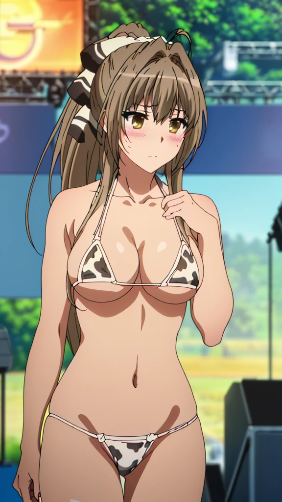 (masterpiece, 4K, highest quality, anime style: 1.9, Detailed face, Lovely, Bold Line, High resolution, anime, alone, Very slim belly, Cowboy Shot,Cow print micro bikini,girl,Long Hair, Brown Hair, bow, Needle, ponytail, Brown eyes, Hair Intake, Hair between the eyes, Expressionless, Hair Ribbon,AmagiBrilliantPark,(((Outdoor Stage))),Isuzu Sento,Be careful,Expressionless,blush,Big Breasts