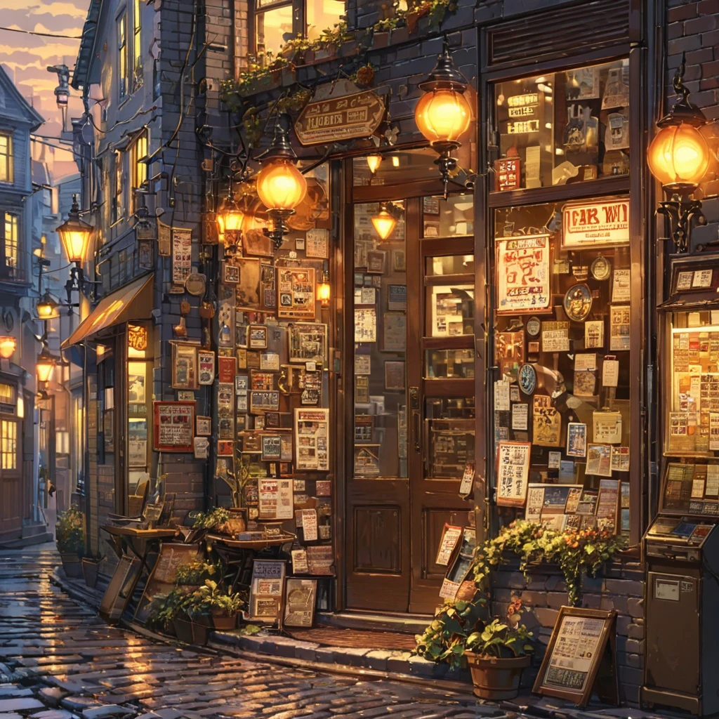 ((anime:1.4,illustration)),(masterpiece, top quality, best quality),(ultra-detailed, absolutely resolution),((16k, high res)), (((retro street scene, depict a nostalgic cityscape from the 1950s, featuring cobblestone streets and vintage buildings, the architecture include brick and stone facades, with charming storefronts displaying period-specific signage and window displays, elements like old-fashioned lampposts, ))), ((anime:1.4, illustration)),(masterpiece, top quality, best quality),(ultra-detailed, absolutely resolution),((16k, high res)) BREAK {lofi art, style of Laurie Greasley, style of Makoto Shinkai, anime aesthetic}, BREAK { (produces images with information than 40 million pixels with cinematic-like detailed textures shot on a Sony SLR).}