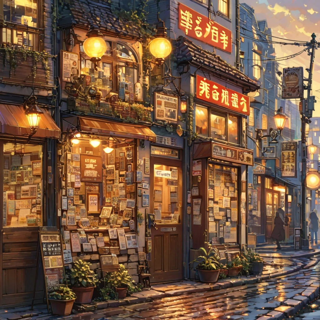 ((anime:1.4,illustration)),(masterpiece, top quality, best quality),(ultra-detailed, absolutely resolution),((16k, high res)), (((retro street scene, depict a nostalgic cityscape from the 1950s, featuring cobblestone streets and vintage buildings, the architecture include brick and stone facades, with charming storefronts displaying period-specific signage and window displays, elements like old-fashioned lampposts, ))), ((anime:1.4, illustration)),(masterpiece, top quality, best quality),(ultra-detailed, absolutely resolution),((16k, high res)) BREAK {lofi art, style of Laurie Greasley, style of Makoto Shinkai, anime aesthetic}, BREAK { (produces images with information than 40 million pixels with cinematic-like detailed textures shot on a Sony SLR).}