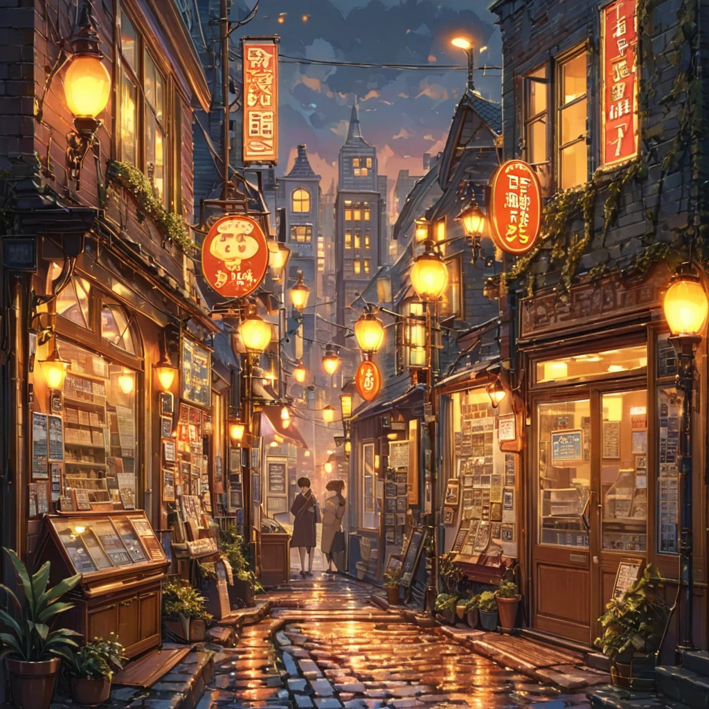 ((anime:1.4,illustration)),(masterpiece, top quality, best quality),(ultra-detailed, absolutely resolution),((16k, high res)), (((retro street scene, depict a nostalgic cityscape from the 1950s, featuring cobblestone streets and vintage buildings, the architecture include brick and stone facades, with charming storefronts displaying period-specific signage and window displays, elements like old-fashioned lampposts, ))), ((anime:1.4, illustration)),(masterpiece, top quality, best quality),(ultra-detailed, absolutely resolution),((16k, high res)) BREAK {lofi art, style of Laurie Greasley, style of Makoto Shinkai, anime aesthetic}, BREAK { (produces images with information than 40 million pixels with cinematic-like detailed textures shot on a Sony SLR).}