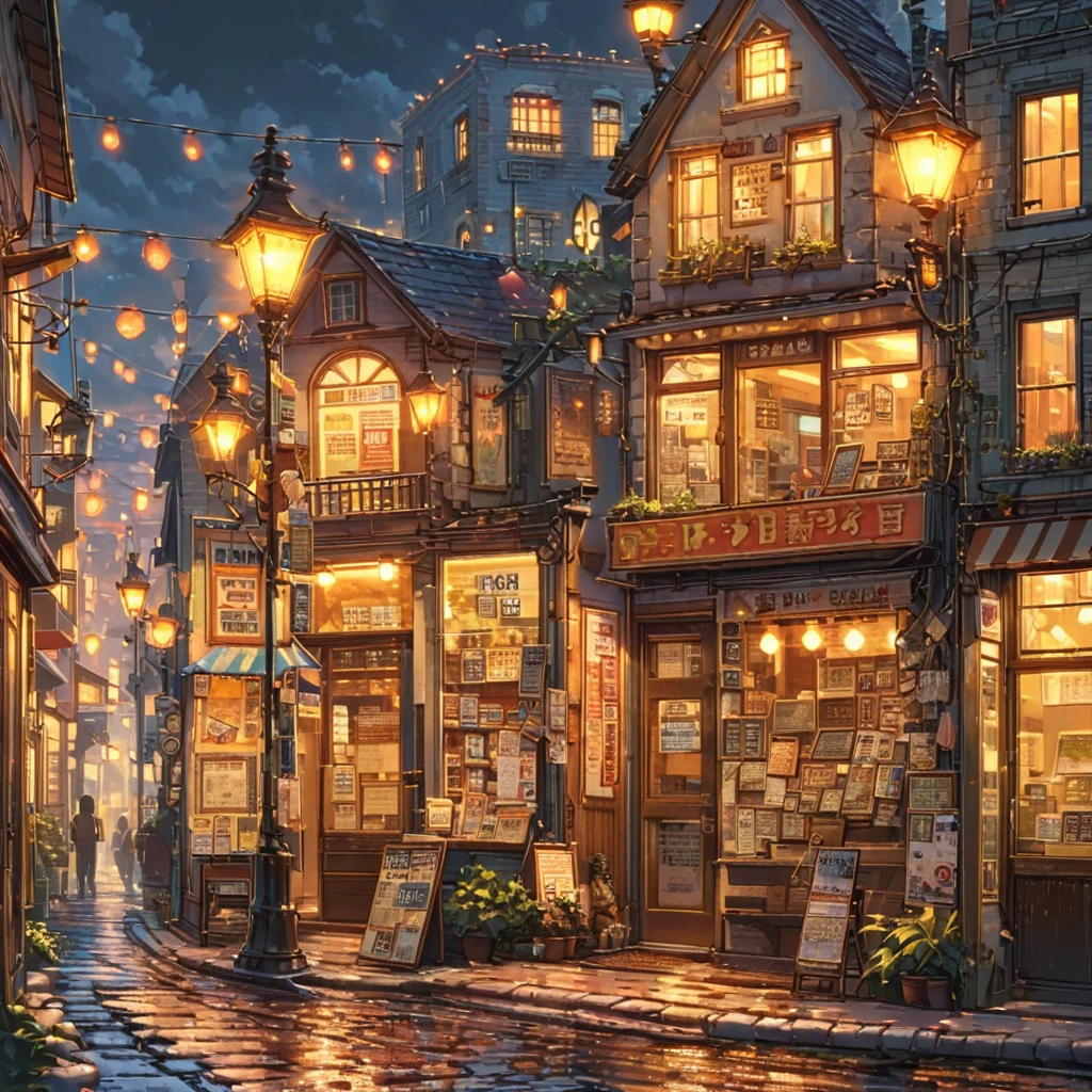 ((anime:1.4,illustration)),(masterpiece, top quality, best quality),(ultra-detailed, absolutely resolution),((16k, high res)), (((retro street scene, depict a nostalgic cityscape from the 1950s, featuring cobblestone streets and vintage buildings, the architecture include brick and stone facades, with charming storefronts displaying period-specific signage and window displays, elements like old-fashioned lampposts, ))), ((anime:1.4, illustration)),(masterpiece, top quality, best quality),(ultra-detailed, absolutely resolution),((16k, high res)) BREAK {lofi art, style of Laurie Greasley, style of Makoto Shinkai, anime aesthetic}, BREAK { (produces images with information than 40 million pixels with cinematic-like detailed textures shot on a Sony SLR).}