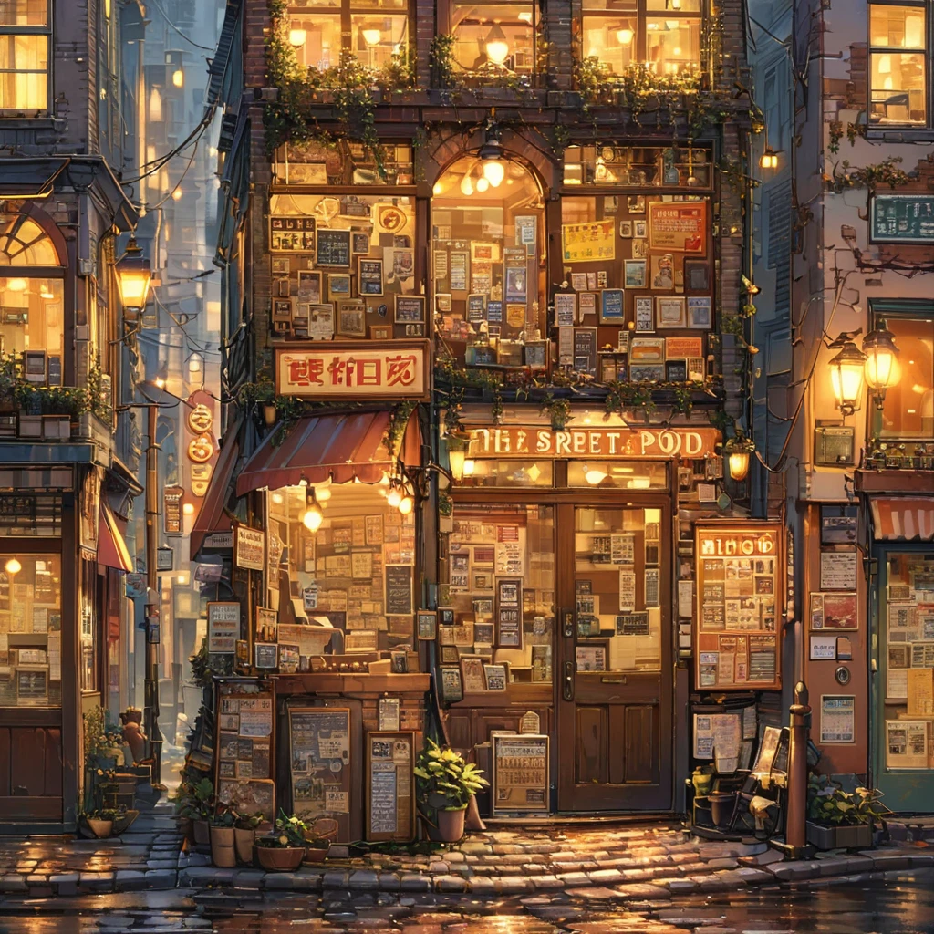 ((anime:1.4,illustration)),(masterpiece, top quality, best quality),(ultra-detailed, absolutely resolution),((16k, high res)), (((retro street scene, depict a nostalgic cityscape from the 1950s, featuring cobblestone streets and vintage buildings, the architecture include brick and stone facades, with charming storefronts displaying period-specific signage and window displays, elements like old-fashioned lampposts, ))), ((anime:1.4, illustration)),(masterpiece, top quality, best quality),(ultra-detailed, absolutely resolution),((16k, high res)) BREAK {lofi art, style of Laurie Greasley, style of Makoto Shinkai, anime aesthetic}, BREAK { (produces images with information than 40 million pixels with cinematic-like detailed textures shot on a Sony SLR).}