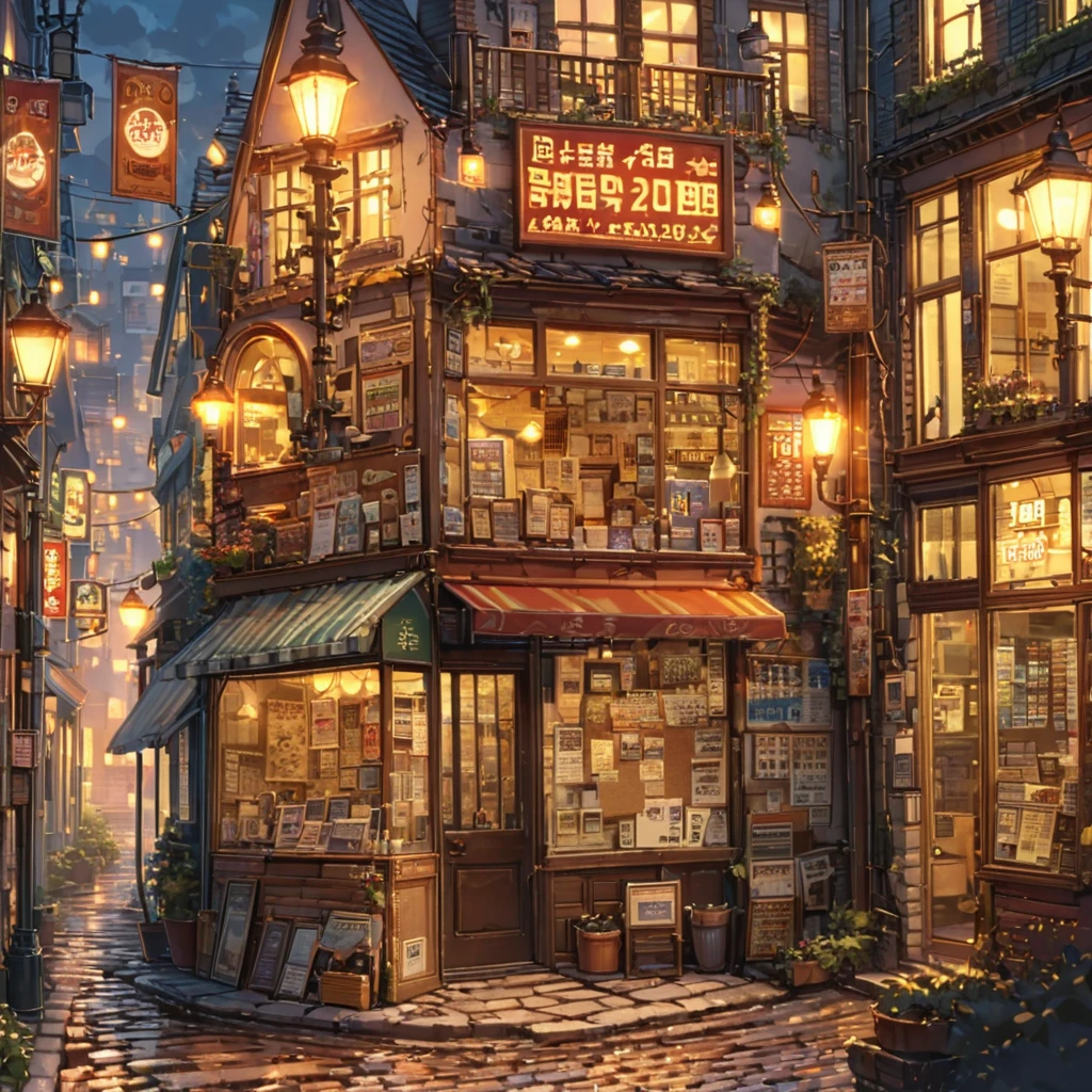 ((anime:1.4,illustration)),(masterpiece, top quality, best quality),(ultra-detailed, absolutely resolution),((16k, high res)), (((retro street scene, depict a nostalgic cityscape from the 1950s, featuring cobblestone streets and vintage buildings, the architecture include brick and stone facades, with charming storefronts displaying period-specific signage and window displays, elements like old-fashioned lampposts, ))), ((anime:1.4, illustration)),(masterpiece, top quality, best quality),(ultra-detailed, absolutely resolution),((16k, high res)) BREAK {lofi art, style of Laurie Greasley, style of Makoto Shinkai, anime aesthetic}, BREAK { (produces images with information than 40 million pixels with cinematic-like detailed textures shot on a Sony SLR).}