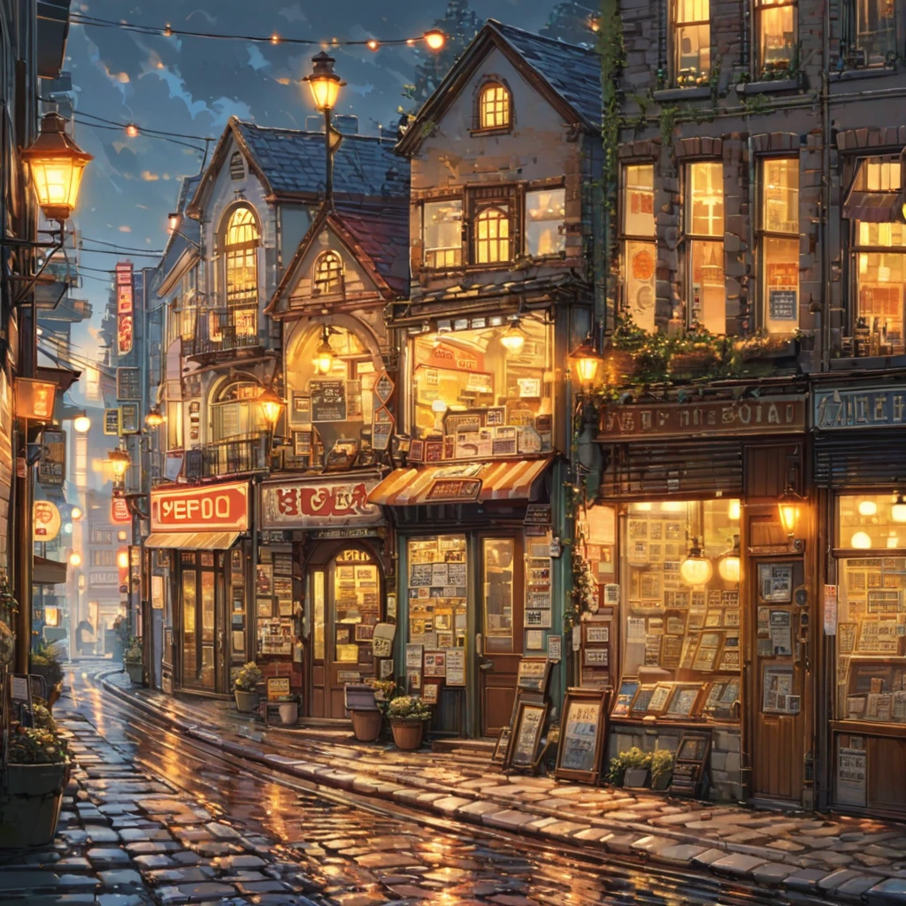((anime:1.4,illustration)),(masterpiece, top quality, best quality),(ultra-detailed, absolutely resolution),((16k, high res)), (((retro street scene, depict a nostalgic cityscape from the 1950s, featuring cobblestone streets and vintage buildings, the architecture include brick and stone facades, with charming storefronts displaying period-specific signage and window displays, elements like old-fashioned lampposts, ))), ((anime:1.4, illustration)),(masterpiece, top quality, best quality),(ultra-detailed, absolutely resolution),((16k, high res)) BREAK {lofi art, style of Laurie Greasley, style of Makoto Shinkai, anime aesthetic}, BREAK { (produces images with information than 40 million pixels with cinematic-like detailed textures shot on a Sony SLR).}
