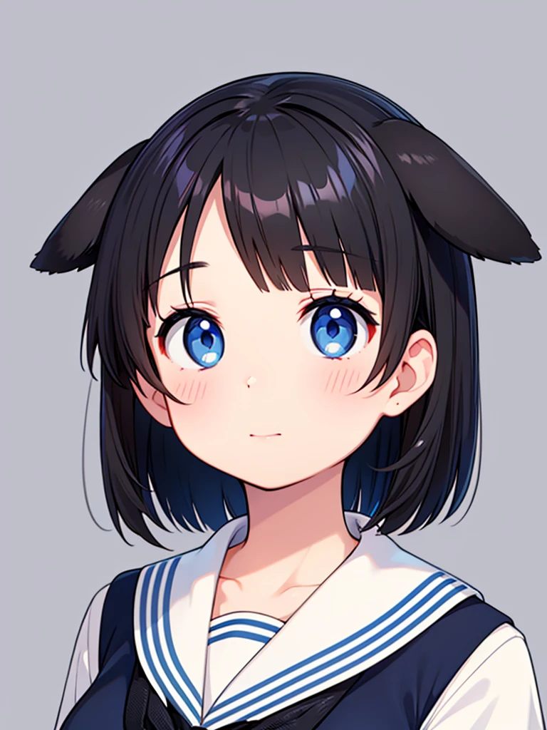 Short black hair Adult female Dog Ears Dark blue colored eyes Wearing a sailor uniform