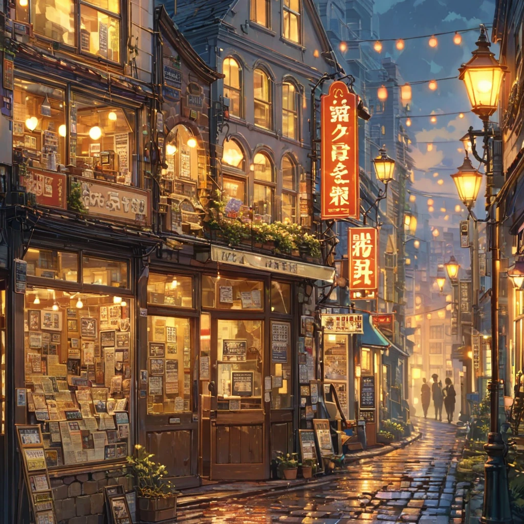 ((anime:1.4,illustration)),(masterpiece, top quality, best quality),(ultra-detailed, absolutely resolution),((16k, high res)), (((retro street scene, depict a nostalgic cityscape from the 1950s, featuring cobblestone streets and vintage buildings, the architecture include brick and stone facades, with charming storefronts displaying period-specific signage and window displays, elements like old-fashioned lampposts, ))), ((anime:1.4, illustration)),(masterpiece, top quality, best quality),(ultra-detailed, absolutely resolution),((16k, high res)) BREAK {lofi art, style of Laurie Greasley, style of Makoto Shinkai, anime aesthetic}, BREAK { (produces images with information than 40 million pixels with cinematic-like detailed textures shot on a Sony SLR).}