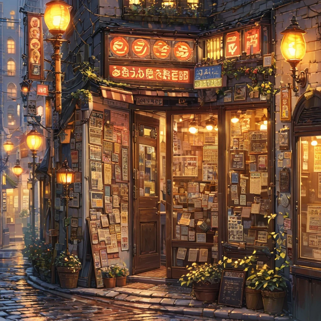 ((anime:1.4,illustration)),(masterpiece, top quality, best quality),(ultra-detailed, absolutely resolution),((16k, high res)), (((retro street scene, depict a nostalgic cityscape from the 1950s, featuring cobblestone streets and vintage buildings, the architecture include brick and stone facades, with charming storefronts displaying period-specific signage and window displays, elements like old-fashioned lampposts, ))), ((anime:1.4, illustration)),(masterpiece, top quality, best quality),(ultra-detailed, absolutely resolution),((16k, high res)) BREAK {lofi art, style of Laurie Greasley, style of Makoto Shinkai, anime aesthetic}, BREAK { (produces images with information than 40 million pixels with cinematic-like detailed textures shot on a Sony SLR).}