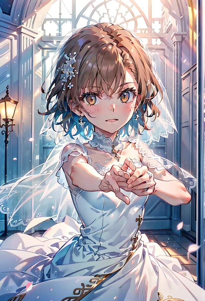8k,highest quality,masterpiece,(((Pixel Perfect, Perfect in every detail))), alone, 1 girl, ,Mycotrose, Brown eyes,Brown Hair,short hair,Open your mouth,smile,blush,Flower Hair Ornaments,Veil,Wedding dress,Wedding Skirts,holding a bouquet with both hands,Flower Storm, break indoors, Chapel,Association, break looking at viewer, whole body,(Cowboy Shot:1. 5) , break (masterpiece:1.2), highest quality, High resolution, unity 8k wallpaper, (shape:0.8), (Beautiful details:1.6), Highly detailed face, Perfect lightでg, Highly detailed CG, (Perfect hands, Perfect Anatomy),