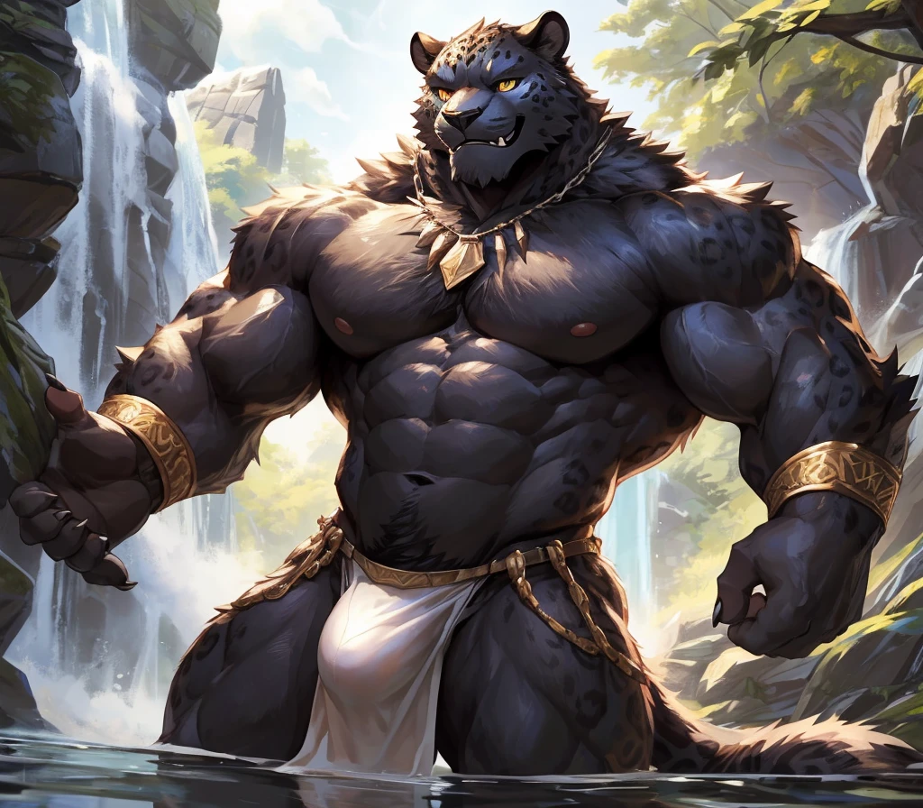 absurdres, ((best quality)), ((masterpiece)), (ultra detailed), perfect face,(sharp eyes),sharp focus, (by null-ghost, by lindong), (male anthro black panther):1.9, (black fur), ((black belly)), sharp eye,ultra-detailed eyes, Beautiful and delicate eyes, (golden eyes), ((fluffy fur, fluffy, furry body)),((long white loincloth), with yellow pattern):0.8, muscular male , (wearing random pattern necklace), smile, (huge bulge), reflection, sexy body, middle-age, strong, looking at view, (((sfw:1.5))), big fellow, (huge body, abs, strong muscle, 8 pack), shirtless, tougue out, claw, pink nipples, handsome, ((leopard fur pattern)), majestic, barbarous, Delicate canine teeth, official art, hairy, male, by the waterfall , full body view