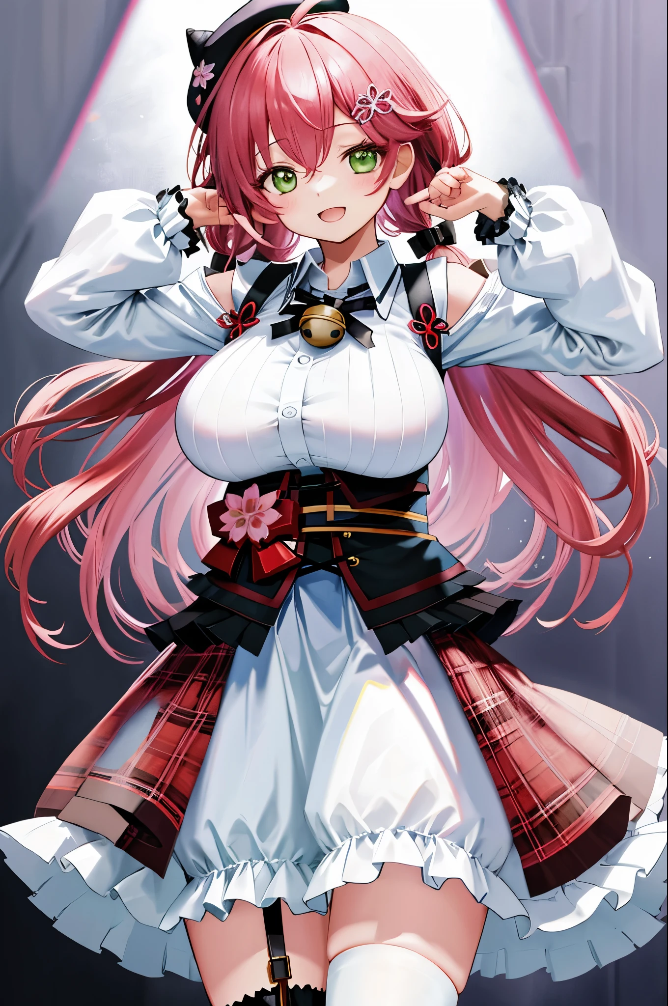masutepiece, Best_Quality, hight_resolution, miko2,Ponytail, 1girl, Green eyes, Ahoge, black headwear, Hair Ornament, White shirt, black thighhighs, Pink hair, Red_skirt, very_short_skirt, plaid skirts, garter_strap, Collared shirt, hair clips, frilld, Bangs, hair between eye, frills skirt, beret, Pleated skirt, Hair Flower, Neck bell, , puffy long sleeves, Black bow, Underbust, Cowboy Shot,Smile, (gigantic_breasts:1.3),covered_nipples, covered_pussy,close_eyes, happy, childlike_posing,spread_legs,smile,