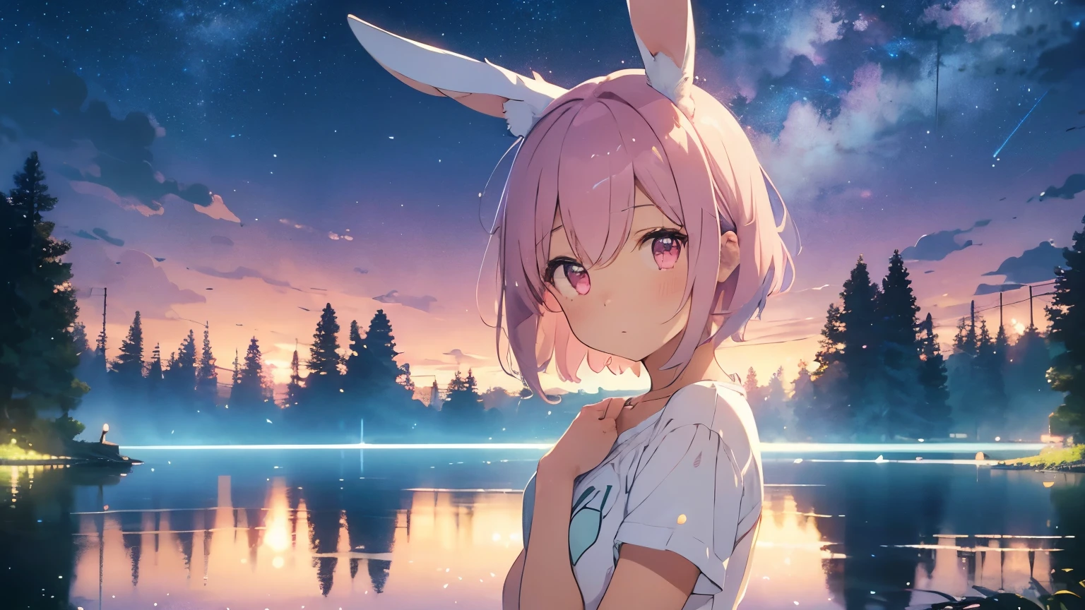 highest quality, pretty girl, pastel colour, Age 25,Fluffy bunny ears, Pink short bob,Pale pink eyes,Countless stars reflected on the lake surface々、A glittering lakeside scene on a quiet night、Particles of light drift、Lush forest。wood々The soft light that shines through、A place filled with a fantastic atmosphere