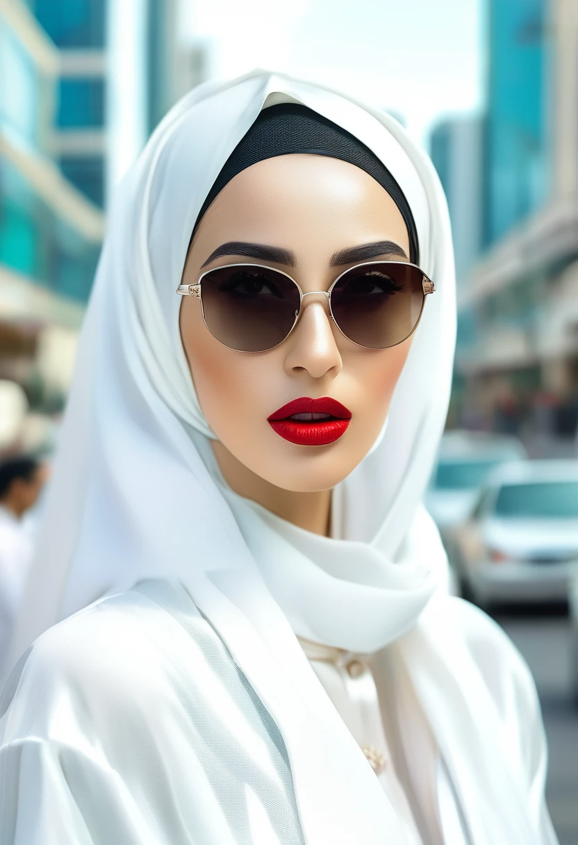 a beautiful arabic woman standing in the street, wearing a long white robe, a white hijab, black sunglasses, bright red lips, thick dark eyebrows, high-rise buildings in the background, soft color palette, photography, 4k, photorealistic, detailed face, detailed eyes, detailed lips, detailed expression, elegant, serene, intricate details, natural lighting, cinematic atmosphere, masterpiece, ultra-detailed