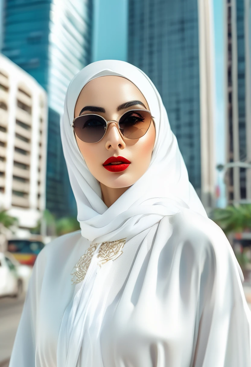a beautiful arabic woman standing in the street, wearing a long white robe, a white hijab, black sunglasses, bright red lips, thick dark eyebrows, high-rise buildings in the background, soft color palette, photography, 4k, photorealistic, detailed face, detailed eyes, detailed lips, detailed expression, elegant, serene, intricate details, natural lighting, cinematic atmosphere, masterpiece, ultra-detailed