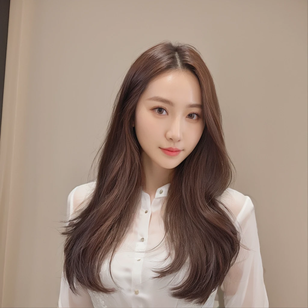Best Quality, 8k, Masterpiece, (Portrait: 1.3), (photo realistic:1.4), (hyper realistic:1.4), Sharp Focus, looking at viewer, (smoother lighting:1.1), (increase cinematic lighting quality:0.9), realistic lighting, backlighting, light on face, ray trace, (brightening light:1.2), (Increase quality:1.4), sharp detail, (best quality real texture skin:1.4), finely detailed eyes, black_eyes, finely detailed face, 25 year old Korean woman, (white formal_shirt:1.4), (Create an image maintaining the original base model hairstyle:1.5)