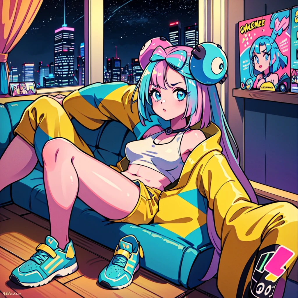 (masterpiece), highest quality, Expressive eyes, Neon pastel aesthetics, Retro 90s, Neon color,((Girl sitting on sofa,In a cozy room,Records hanging on her wall, Comic books on the floor, Looking out the window behind her at the night city, Upholstered room, Anime figures lined up on a shelf)), Wearing headphones, (All around her it sparkles), (wearing thick colorful sneakers), (blue eyes), (Soft look), (Synthwave Art Style), Colorful Hair, Desk with PC set up