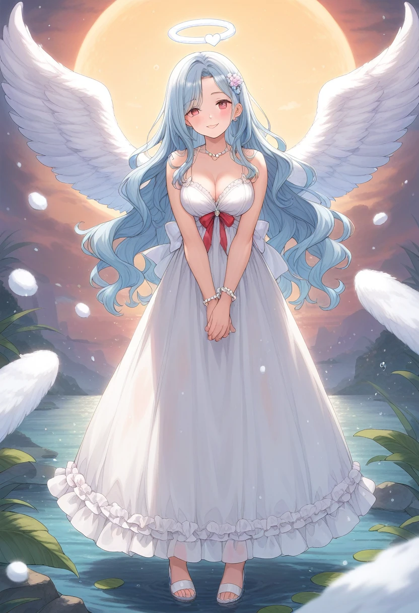 score_9, score_7_up, score_6_up, 1girl, source_cartoon, source_anime,breathtalking Scenery,watercolor,smooth soft skin, natural skin,full body,
BREAK
(20 years old),1girl, (large breasts:1.3),Oily skin,smile,ultra cute face,(alluring physique:0.9),slender,
BREAK
(Long wavy hair:1.4), (Light blue hair:1.3),(pearlwhite angel wings round fold:1.5),garnet eyes,wings round close, eyes open,detailed eyes,(angel wings inspired by ice and snow),large intake hairstyle,
BREAK
(Perfect red Heart shaped angel halo:1.4),(Heart shaped red angel halo of light:1.2),(Heart mark angel halo:1.5),(Heart shaped pendant:1.1),
BREAK
white dress inspired by sea ripples and seaweed,wears transparent dress evoking the waves, Elaborate accessories crafted from sea jewels,pale blue dress inspired by ice,dress inspired by snow,(Sash:1.2),red Sash with red heart shaped gem,crystal dress,