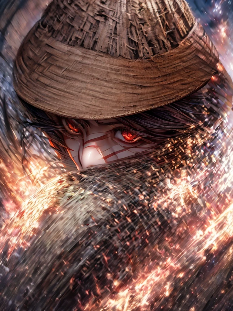 detailed chinese vampire, bamboo hat, blood manipulation, blood powers, golden eye, (best quality,4k,8k,highres,masterpiece:1.2),ultra-detailed,(realistic,photorealistic,photo-realistic:1.4),depth of field,intricate details,dramatic lighting,cinematic composition,dark fantasy,moody atmosphere,intense colors,mystical,ethereal