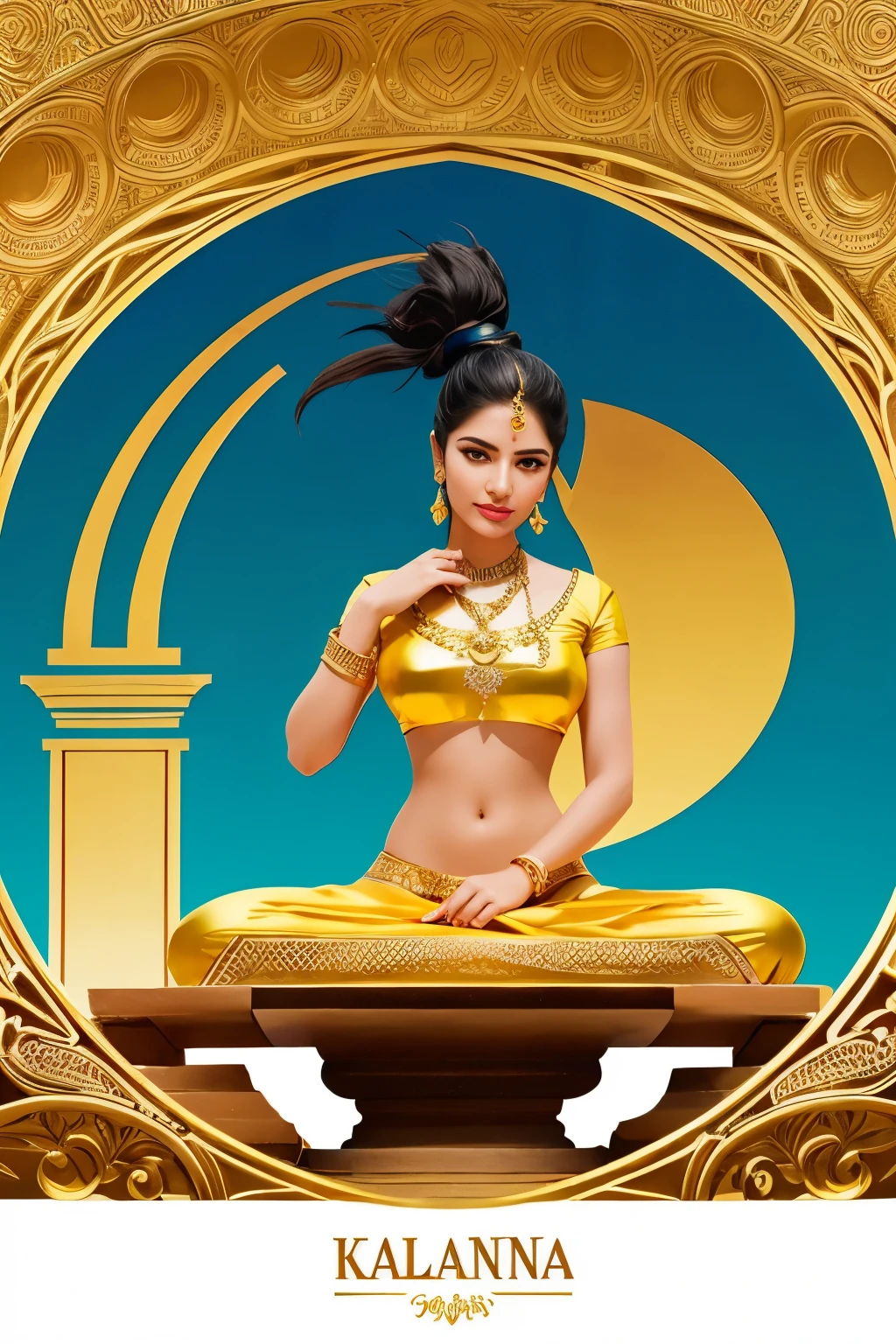 Create a flat vector, illustrative-style wordmark logo design for a tourism app named 'Kalyana'. The 'K' in 'Kalyana' is stylized to resemble a temple dome, and the rest of the letters are sleek and modern. Use vibrant colors like gold and turquoise to symbolize exploration and spirituality against a white background. Do not show any photo detail shading.