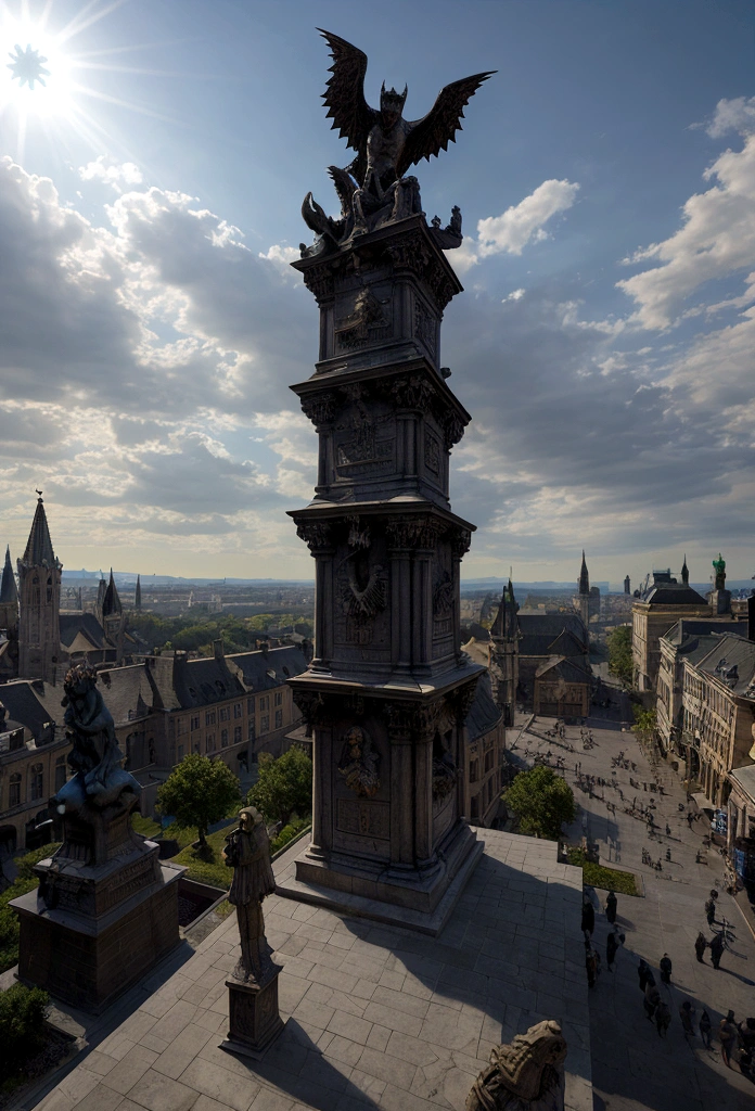 a view of fantasy medieval city, taken from the top of church of at night, the shot taken while standing behind the ((statue of a gargoyle: 1.3)), on the roof, 16K, ultra detailed, masterpiece, best quality, (extremely detailed), arafed, dnd art, god rays, cinematic lighting, glowing light, silhouette, from outside, photorealism, panoramic view (Masterpiece, intense details: 1.5) , Wide-Angle, Ultra-Wide Angle, aetherpunkai