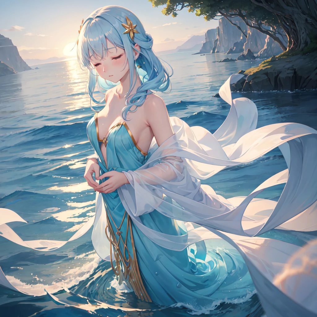 Name: Luminaria
Element: Aquascend
Description: The Whispering Tides' Oracle, Luminaria weaves her mystical powers within the waves, listening to the ocean's secrets.
Prompt: 1girl, 16-17 years, standing, facing forward, near the ocean's edge, Aquascend auras, flowing seaweed-like hair, shimmering white waves behind, subtle glowing hands, eyes closed, peaceful, mysterious, serene, glowing ocean ripples, subtle light reflecting on the water, soft focus, pastel colors, gradient sky, seamless integration with the environment