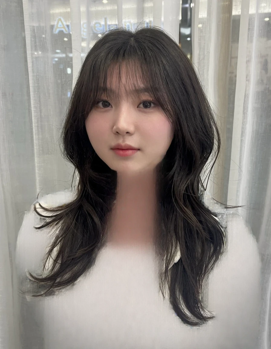 Best Quality, 8k, Masterpiece, (Portrait: 1.3), (photo realistic:1.4), (hyper realistic:1.4), Sharp Focus, looking at viewer, (smoother lighting:1.1), (increase cinematic lighting quality:0.9), realistic lighting, backlighting, light on face, ray trace, (brightening light:1.2), (Increase quality:1.4), sharp detail, (best quality real texture skin:1.4), finely detailed eyes, black_eyes, finely detailed face, 25 year old Korean woman, (beige rilled_shirt:1.4), (Create an image maintaining the original base model hairstyle:1.5)
