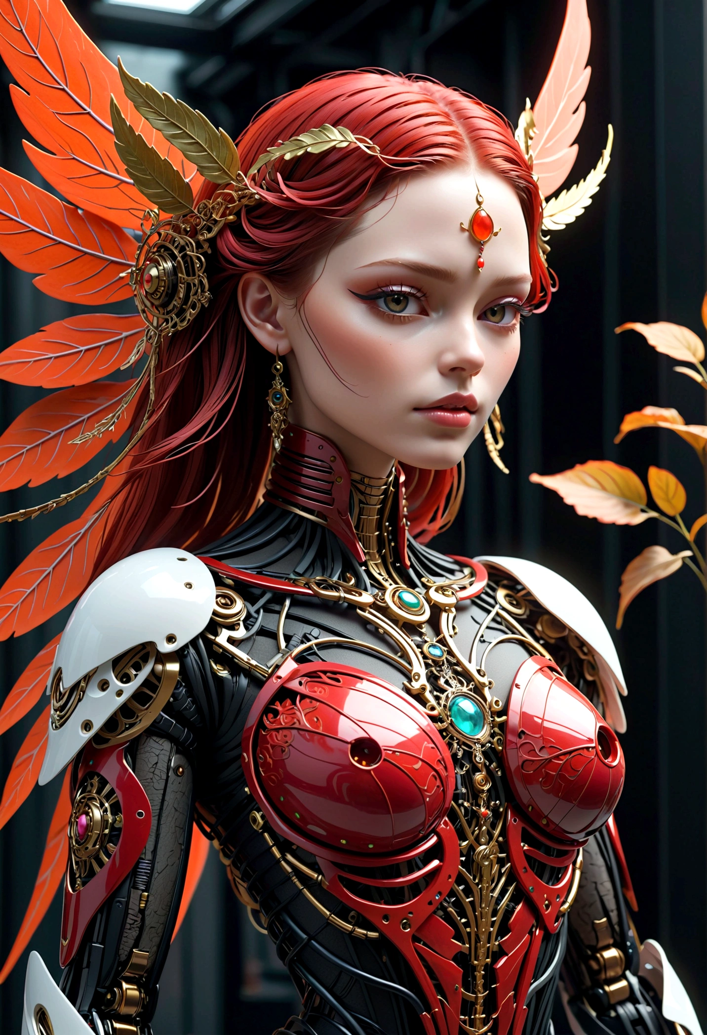 Intricate 3d rendering ultra-detailed beautiful angel of death, biomechanical robot, simulated 150mm lens, beautiful natural soft edge light, neon veins, roots, delicate leaf lace, colorful details, pearl earrings, piercings, art nouveau fashion embroidery, intricate details, mesh lines, facial muscles, cables, microchips, villains, surreal, ultra-detailed, octane, volumetric lighting, 8k and post-production, red The white has a little bit of black, Metal Skeleton Details, Half-Human, Iridescent, Glenn Brown Style, Futuristic Room, Power of God, High Angle Shot, Complex Body Poses