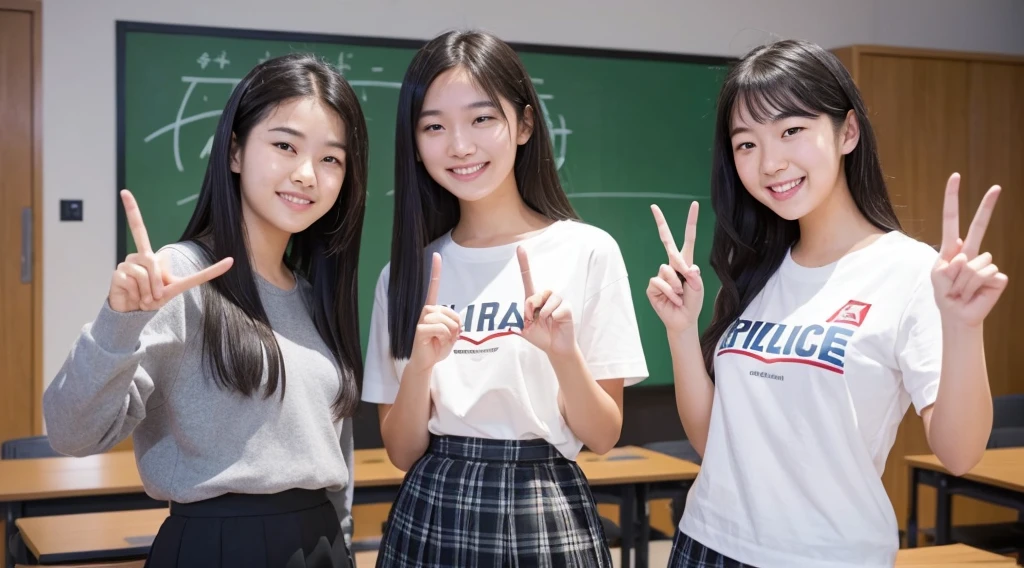 A confident smile, Two students demonstrating a gesture commonly associated with a peace sign while speaking by textbook, skirt, Black Hair, indoor, in, Book, shirt, ((((complete fiine fingers))))