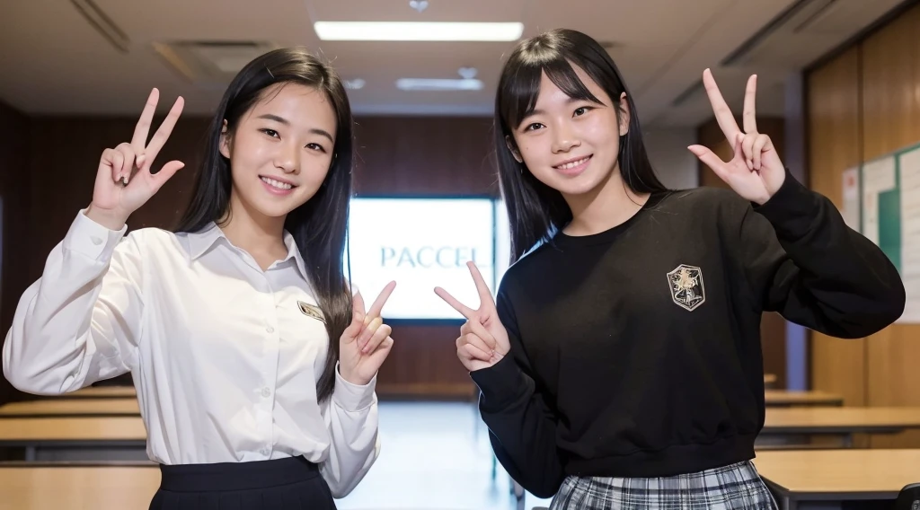 A confident smile, Two students demonstrating a gesture commonly associated with a peace sign while speaking by textbook, skirt, Black Hair, indoor, in, Book, shirt, ((((complete fiine fingers))))