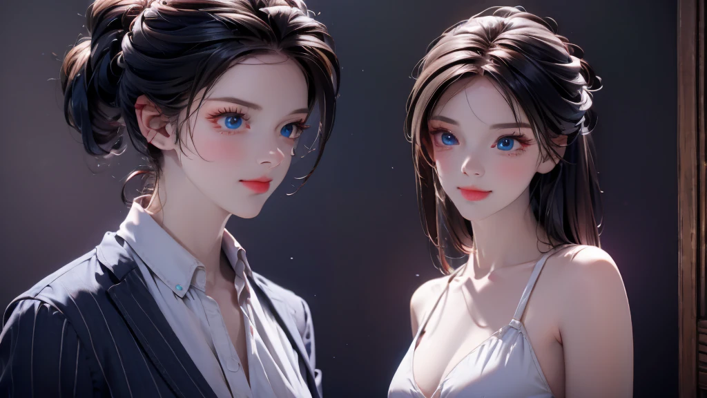 1 Boy&Girl , Boy medium light black hair, Girl medium light Blue hair, light blue eyes, wearing black suit, night city, 18+ , high res, ultrasharp, 8K, masterpiece, looking from behind