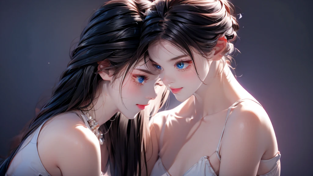1 Boy&Girl , Boy medium light black hair, Girl medium light Blue hair, light blue eyes, wearing black suit, night city, 18+ , high res, ultrasharp, 8K, masterpiece, looking from behind