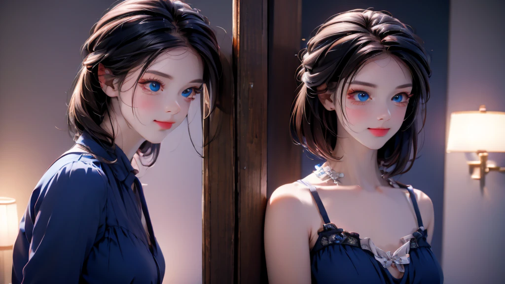 1 Boy&Girl , Boy medium light black hair, Girl medium light Blue hair, light blue eyes, wearing black suit, night city, 18+ , high res, ultrasharp, 8K, masterpiece, looking from behind