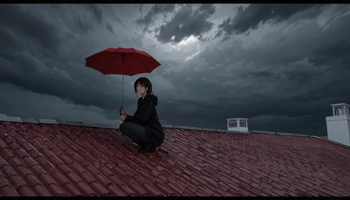 Ultra high definition animation. On a tiled roof with a chimney, a girl is crouching with a red umbrella. Out of focus behind the girl. The sky is full of dark clouds.
