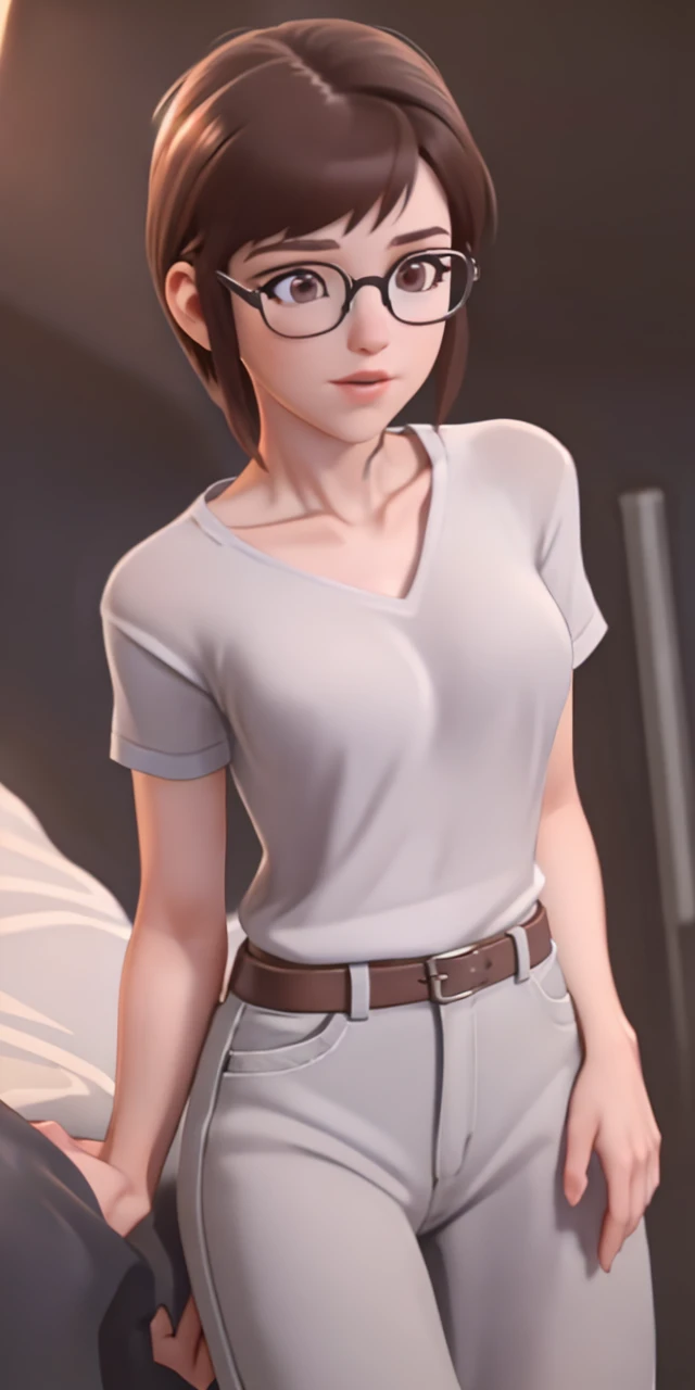 a beautiful woman with short brown hair, round glasses, wearing a plain white t-shirt, in her bedroom, 1 girl solo, cinematic lighting, high resolution, physically-based rendering, extremely detailed, 8k, volumetric lighting, hyperrealistic, detailed facial features, masterpiece, intricate details