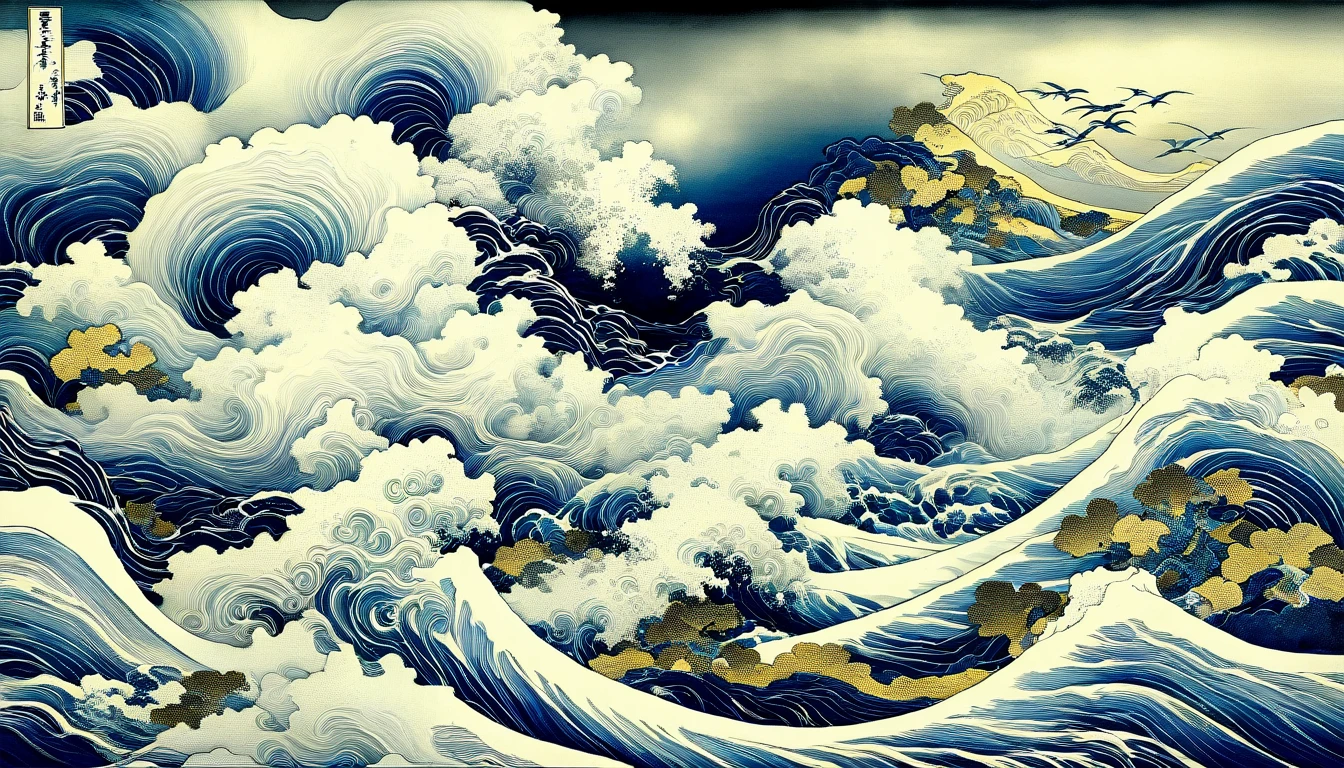 there are many clouds flying together in the sky, katsushika Hokusai style, detailed clouds, ceremonial clouds, modernism storm clouds, fantasy clouds, clouds and wings and waves, stylized storm, harmony of swirling clouds, clouds and waves, oriental wallpaper , Hokusai style, dramatic swirling clouds, swirling clouds