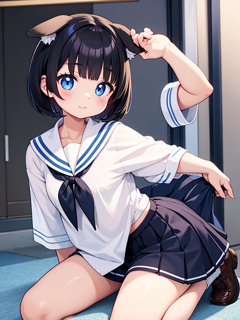Short black hair Adult female Dog Ears Dark blue colored eyes Wearing a sailor uniform