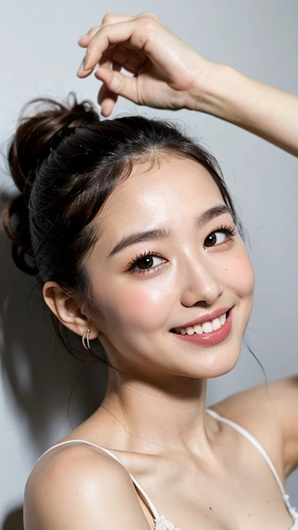 (highest quality, 8k, 32k, masterpiece, Ultra-high resolution:1.2),Beautiful Japanese Women Photos, alone, 1 girl, Glowing Skin, Glittering earrings, glamorous, Quirky details, Charm, Exposing shoulders, Sheer silk lace crop top, Tight Skirt, Shallow depth of field, Contrasting, Professional models, Look forward, Overbyte、Mouth half open、blush:2.5、((Large Breasts))、Random hairstyles for short hair、Black Hair、close up face、Portrait、Teeth are visible、Wide mouth、Droopy eyes、round face、Multiple moles、Fair skin、A lively 24-year-old、Brown eyes、Big smile、((Chubby)),The gesture of pulling up the hair、I can see the side