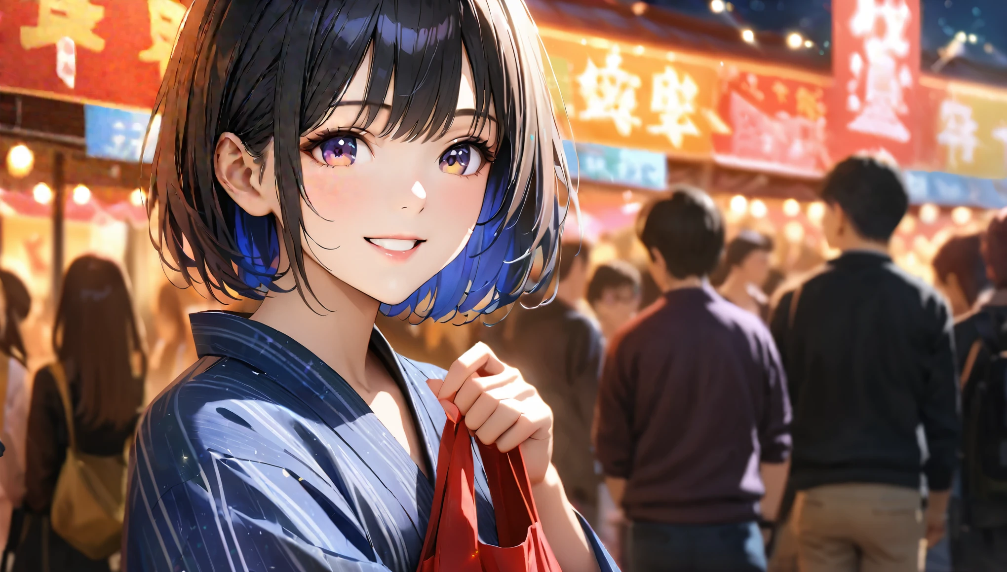 Summer festival,night, yukata, Holding a drawstring bag,Blur the background,High school girls,short hair,smile,Glitter effect,highest quality, 4K, 8k, High resolution, masterpiece:1.2, Very detailed, Realistic:1.37, High resolution, 超High resolution, Ultra-fine painting, Sharp focus, Physically Based Rendering, Very detailedな説明, Professional, Vibrant colors