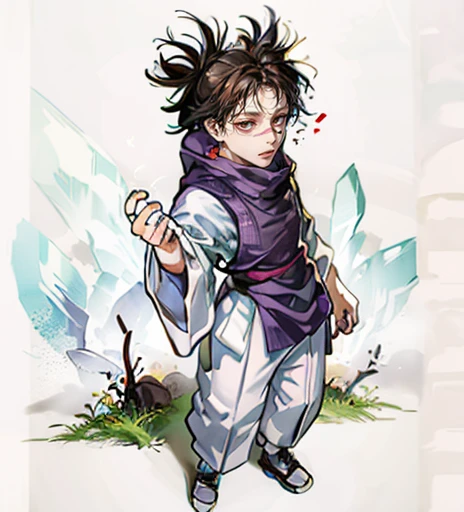 (highest quality, High resolution),  Detailed facial features, Symmetrical face, Perfect Skin, Black Hair, White Background, Beautiful details, 1 male, Young people, （Brown eyes:1.5）, Purple Eyeshadow, Delicate eyes and face, Purple kimono、(Chibi Character)、boots