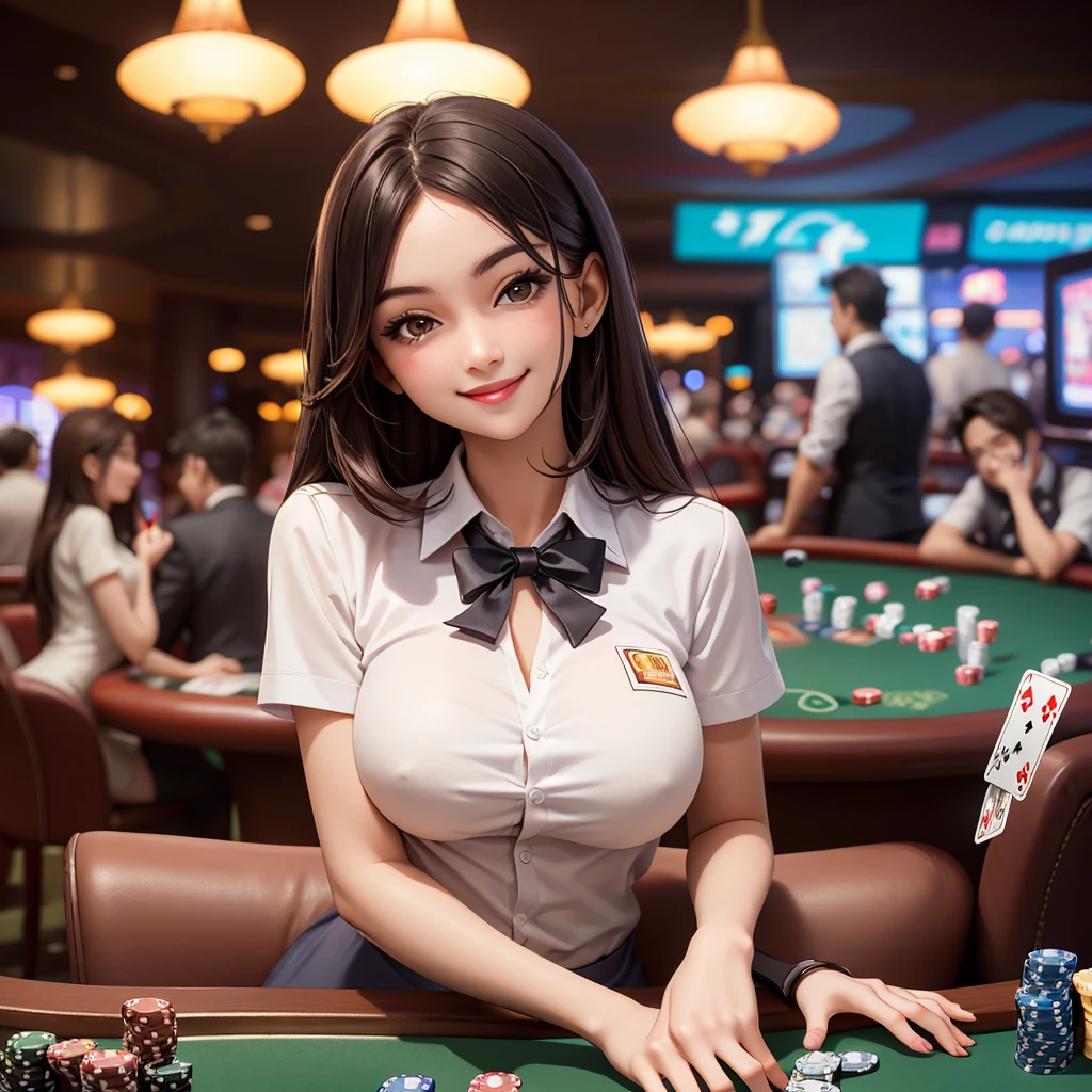 one girl only, luxurious casino, elegant, card table, rich people, people playing cards in background, croupier, customer service, poker table, happy pretty smile, flirting you, loooking at you, in the middle thinking of you,