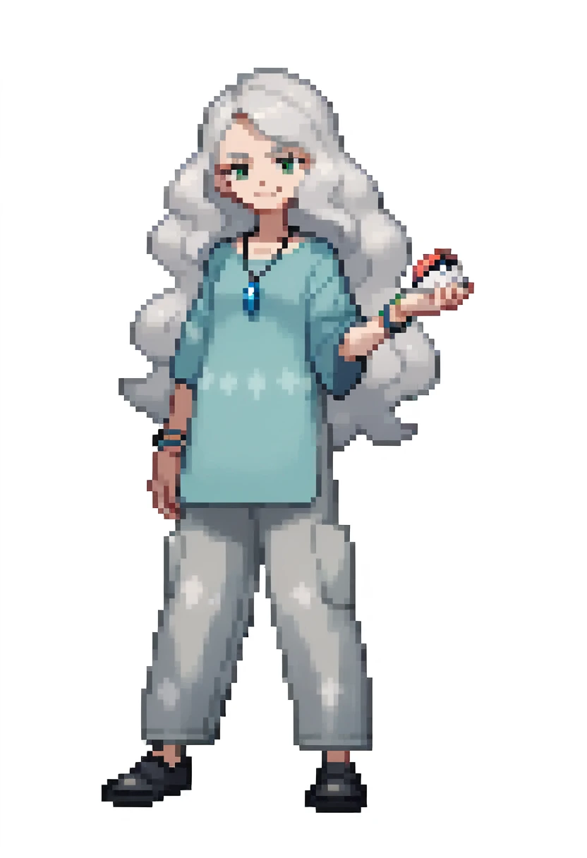 ((((white background)))), simple background, watercolor, 1 girl, standing, long hair, silver hair, light skin, smug green eyes, front view, gray pants, light navy blue tunic decorated with silver patterns music inspired, bracelets, black shoes, holding a pokeball, score_9, score_8_up, score_7_up, pendant, score_6_up, score_5_up, score_4_up, BREAK anime_source, masterpiece