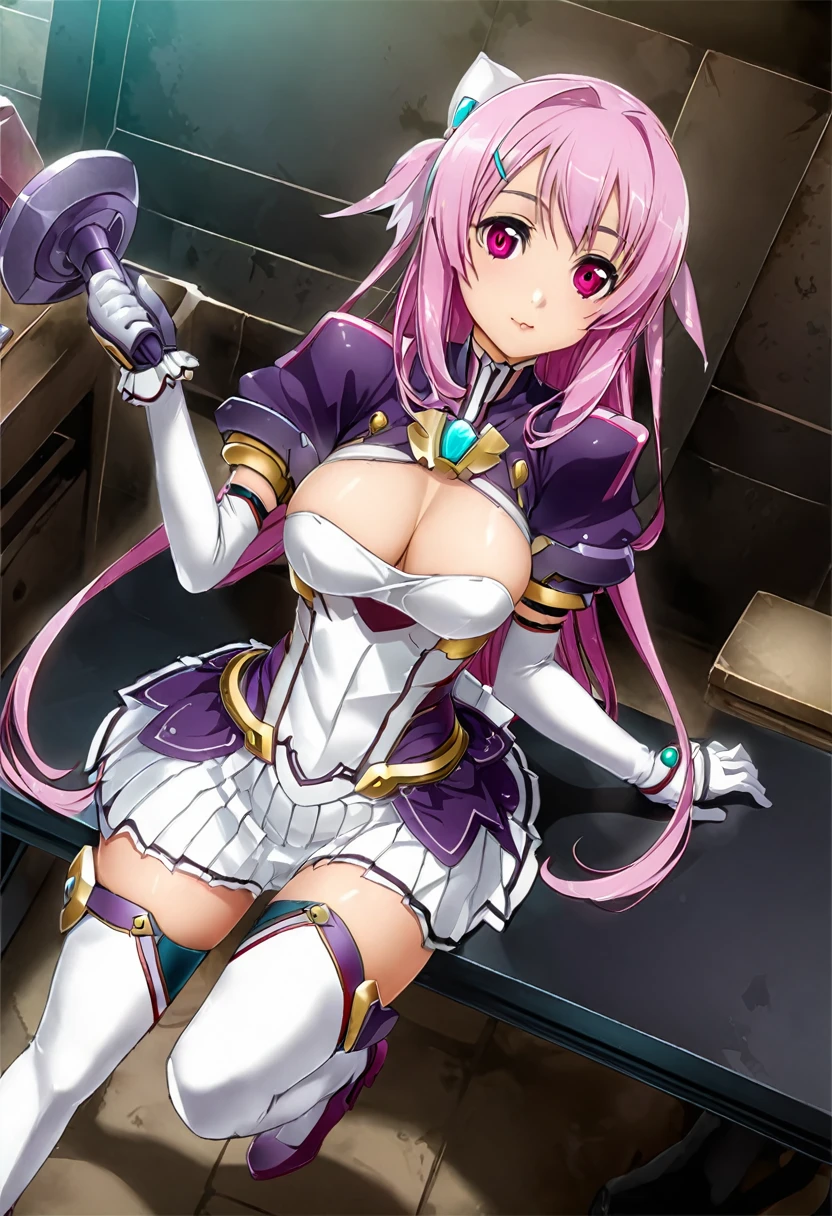 highest quality、unity 8k wallpaper、32k、masterpiece、Very detailed、Ultra-high resolution、　Magical Smith Lisbeth、lisbeth (sao)、Puff sleeves、Shoulder rest、Silver Breastplate、Pleated skirt、Long gloves、Thigh-high stiletto boots、A large ribbon with a large brooch on the chest、Hair Clip、Hair Ribbon、Hold the magical hammer in one hand、Smithy Table