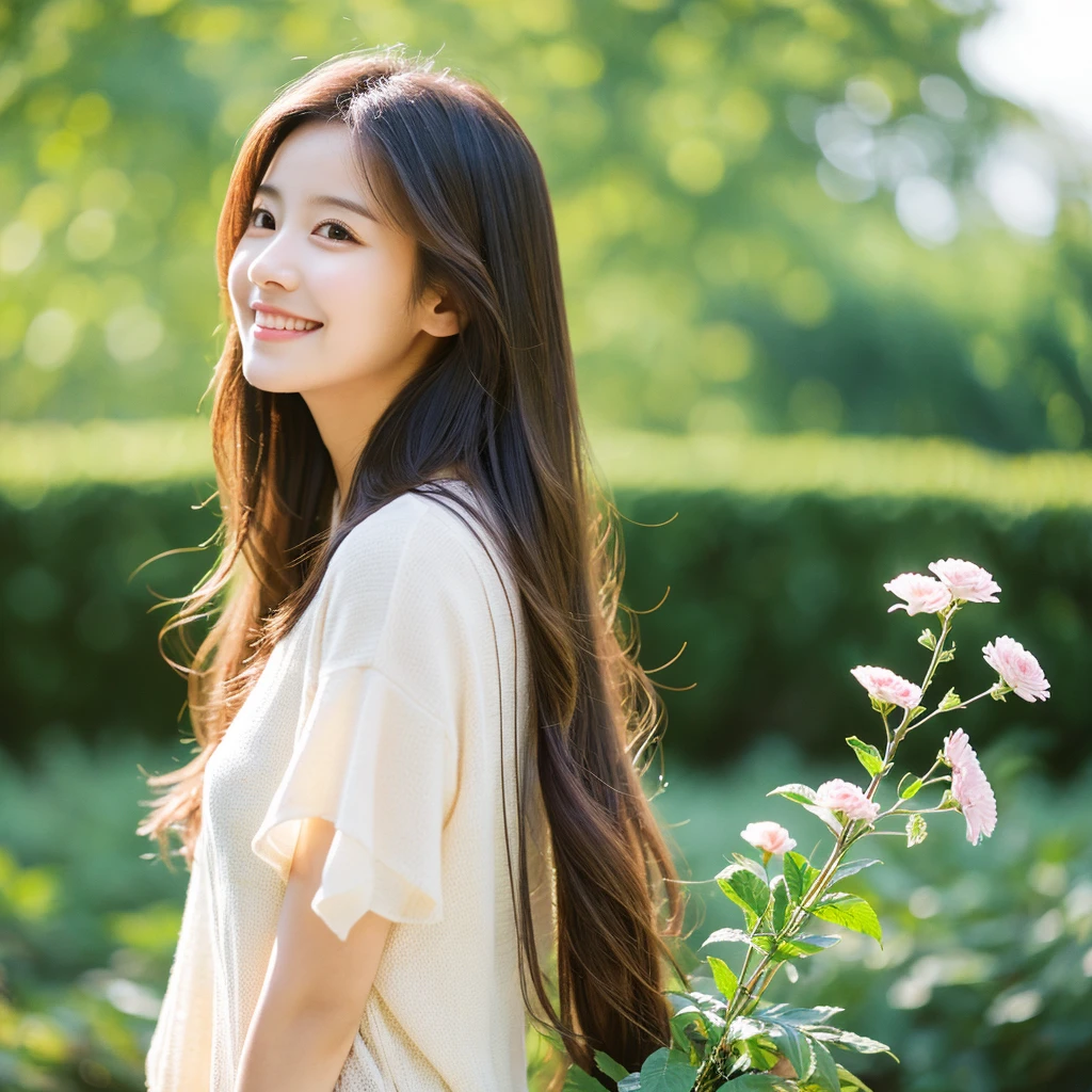 Create an image of a young woman around 25 years old, inspired by the provided image. The woman should have long, flowing hair and a gentle smile, holding a bouquet of flowers similar to the one in the reference. The setting should be a beautiful outdoor environment with greenery in the background, reminiscent of a sunny day. The woman should have a slightly more mature appearance while maintaining a warm and friendly expression. Ensure the lighting and color tones are soft and natural, highlighting her youthful yet mature beauty.
