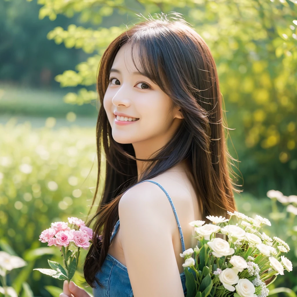 Create an image of a young woman around 25 years old, inspired by the provided image. The woman should have long, flowing hair and a gentle smile, holding a bouquet of flowers similar to the one in the reference. The setting should be a beautiful outdoor environment with greenery in the background, reminiscent of a sunny day. The woman should have a slightly more mature appearance while maintaining a warm and friendly expression. Ensure the lighting and color tones are soft and natural, highlighting her youthful yet mature beauty.
