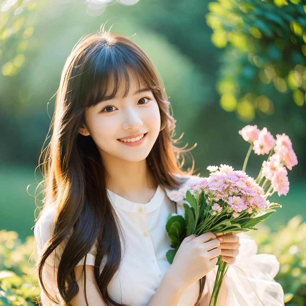 Create an image of a young woman around 25 years old, inspired by the provided image. The woman should have long, flowing hair and a gentle smile, holding a bouquet of flowers similar to the one in the reference. The setting should be a beautiful outdoor environment with greenery in the background, reminiscent of a sunny day. The woman should have a slightly more mature appearance while maintaining a warm and friendly expression. Ensure the lighting and color tones are soft and natural, highlighting her youthful yet mature beauty.
