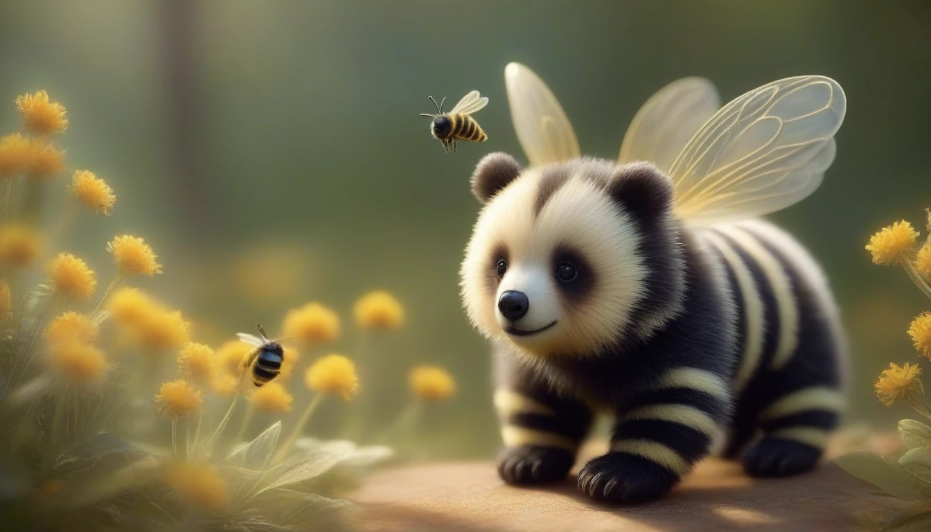 Bumble Bear:
Description: A tiny bear with bee-like wings and a fuzzy, striped body. Its paws are small and round, resembling bee feet.